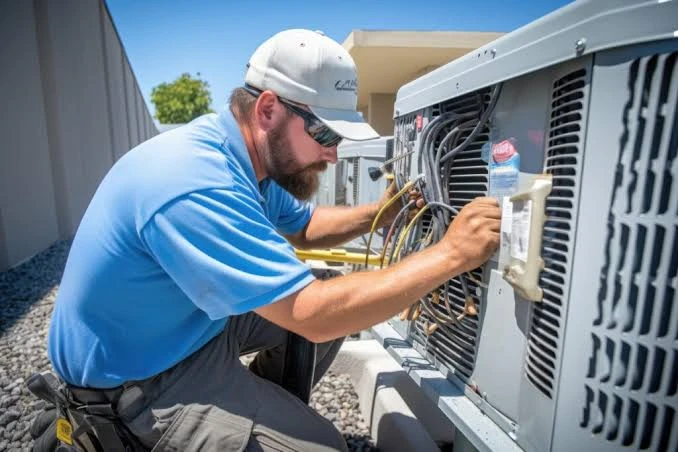 Illustrative technician inspecting an outdoor air conditioning condenser