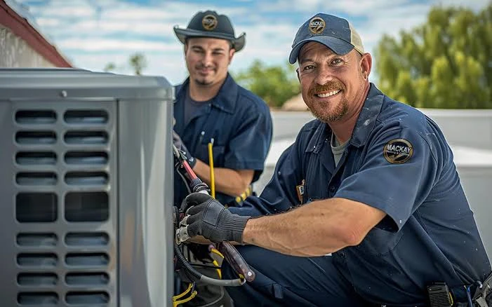 Illustrative photo of two technicians beside an outdoor HVAC unit