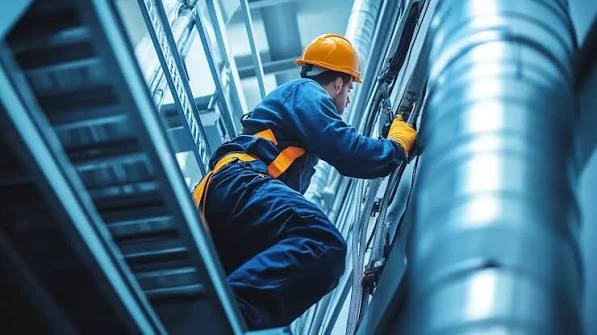 Illustrative technician inspecting large ventilation ducts