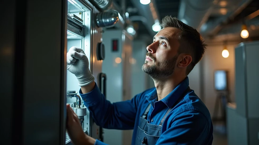 Illustrative HVAC technician inspecting mechanical equipment controls