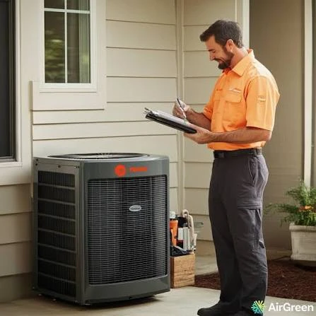 Illustrative technician recording inspection notes beside a residential condenser