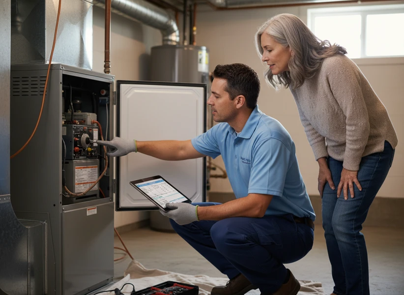 Illustrative technician explaining a furnace inspection to a homeowner