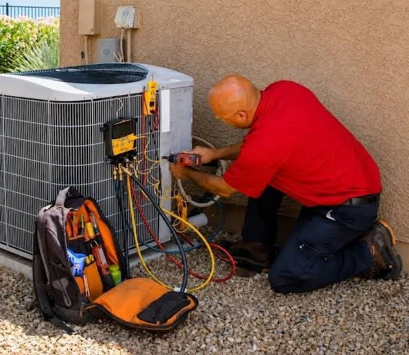 Illustrative technician testing an air conditioner beside a tool bag